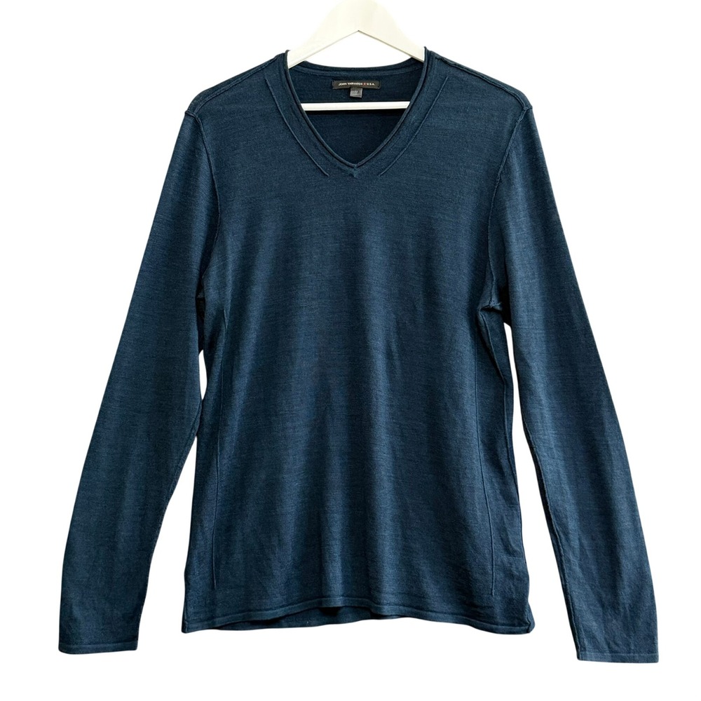 John Varvatos Men Slim Fit Sweater L Navy Blue V-Neck Layer Minimalist Designer